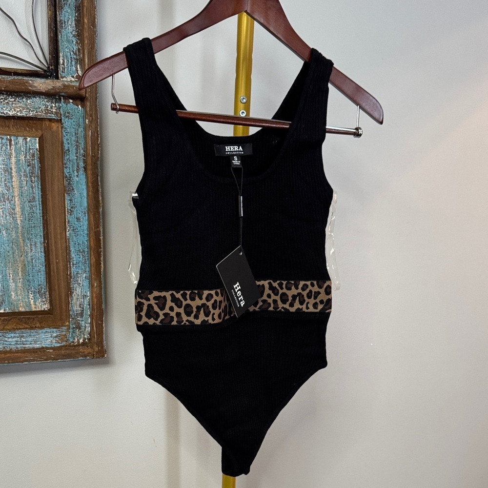 Hera Collection Black ribbed Bodysuit with Leopard Accent NWT S